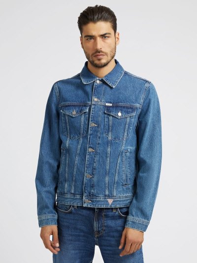 Férfi Guess Back Patch Farmer Dzsekik Kék | HU-402076