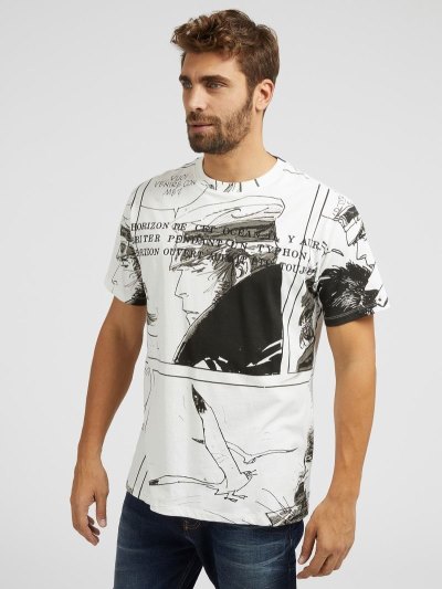 Férfi Guess Corto Maltese Print Póló Fehér | HU-478886