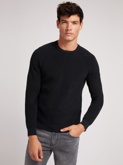 Férfi Guess Crew Neck Pulóverek Fekete | HU-221577