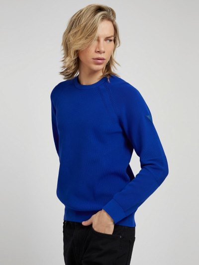 Férfi Guess Crew Neck Pulóverek Kék | HU-940231