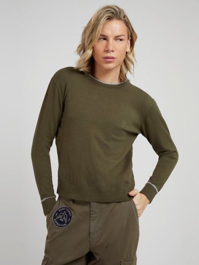 Férfi Guess Crew Neck Stretch Pamut Pulóverek Zöld | HU-156195