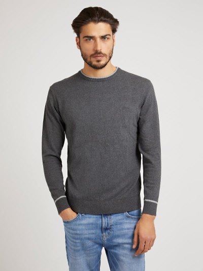 Férfi Guess Crew Neck Stretch Pamut Pulóverek Barna | HU-370251