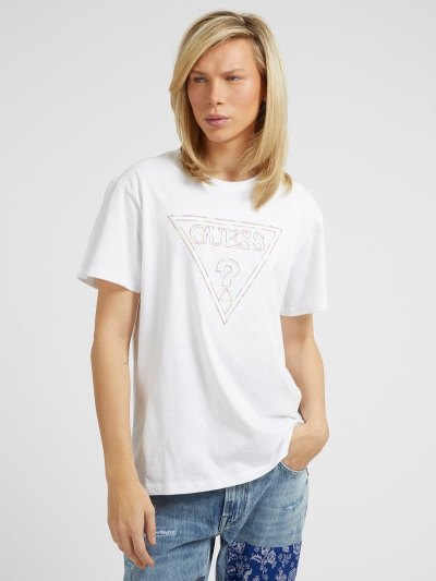 Férfi Guess Embroidered Triangle Logo Póló Fehér | HU-674583