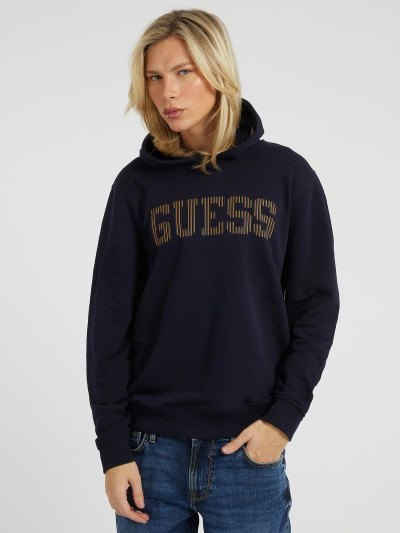 Férfi Guess Front Logo Csuklyás Pulóverek Kék | HU-110845