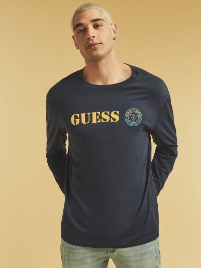 Férfi Guess Front Logo Póló Kék | HU-398145