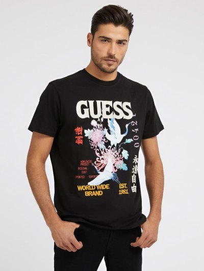 Férfi Guess Front Print Póló Fekete | HU-355512