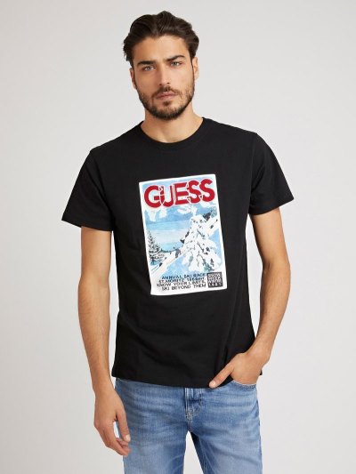 Férfi Guess Front Print Póló Fekete | HU-668751