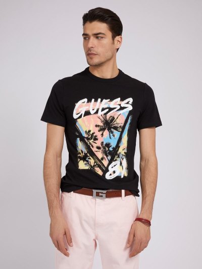 Férfi Guess Front Print Póló Fekete | HU-721670