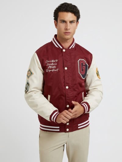 Férfi Guess Patches Bomber Kabát Bordó | HU-877701