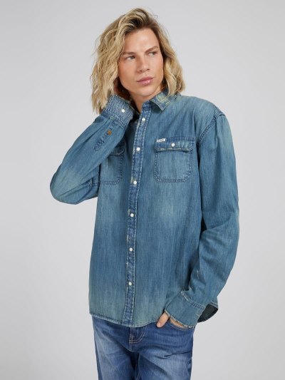 Férfi Guess Regular Fit Denim Shirts Kék | HU-124794