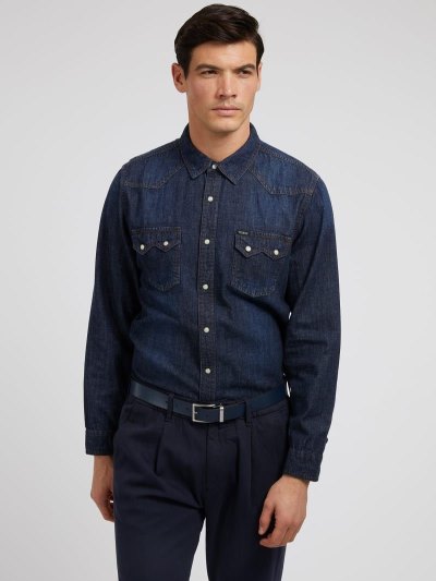 Férfi Guess Regular Fit Denim Shirts Kék | HU-300813