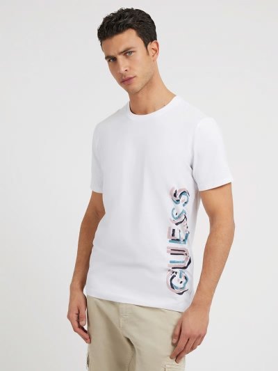 Férfi Guess Side Vertical Logo Print Póló Fehér | HU-583353