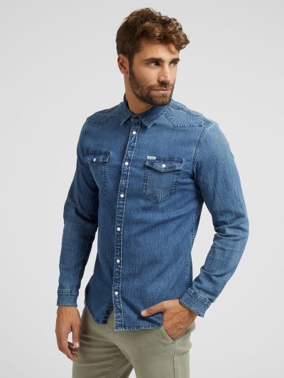 Férfi Guess Slim Fit Denim Shirts Kék | HU-495664