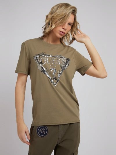 Férfi Guess Triangle Logo Print Póló Zöld | HU-079636