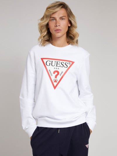 Férfi Guess Triangle Logo Pulóverek Fehér | HU-459122