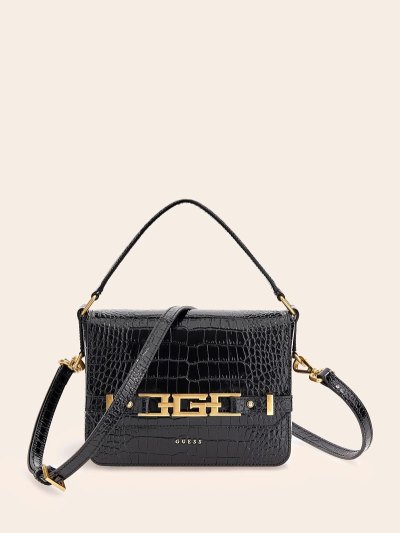 Női Guess Cristina Real Bőr Crossbody Táska Fekete | HU-407120