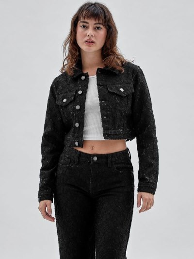 Női Guess Csipke Denim Crop Kabát Fekete | HU-993193