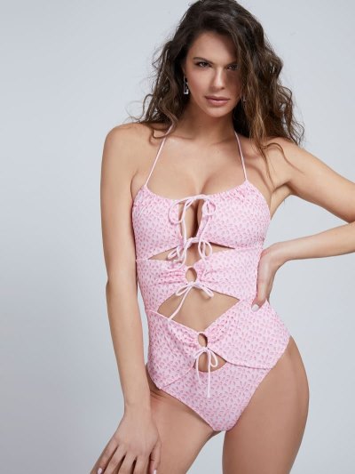 Női Guess Embroidery Csipke Up One Piece Swimsuits Rózsaszín | HU-515918