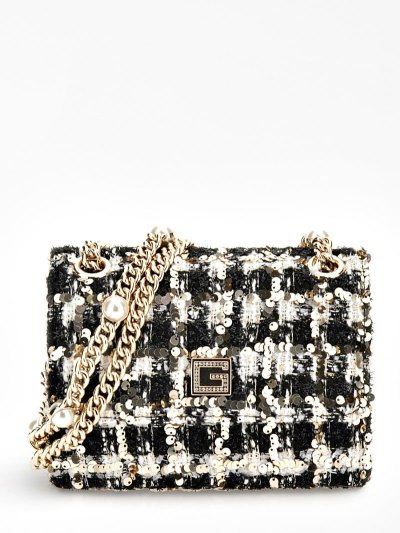 Női Guess Ever Tweed Sequin Mini Crossbody Táska Fekete | HU-505277