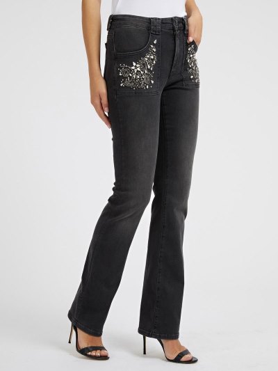 Női Guess Farmer Nadrág Bootcut Denim Pant Rhinestones Ruházat Fekete | HU-315843