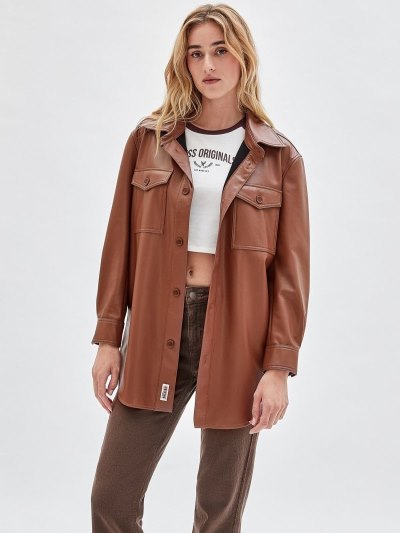 Női Guess Faux Bőr Shirt Jacket Kabát Barna | HU-230098