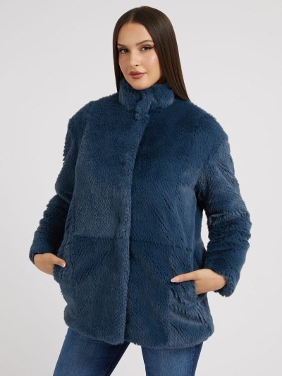 Női Guess Faux Fur Kabátok Kék | HU-712796