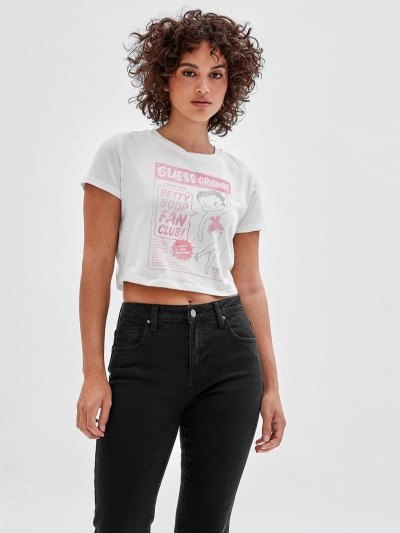 Női Guess Front Betty Boop Print Crop Póló Bézs | HU-170885