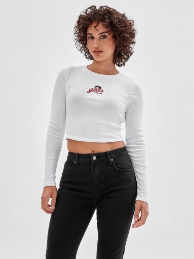 Női Guess Front Logo Crop Póló Fehér | HU-715284