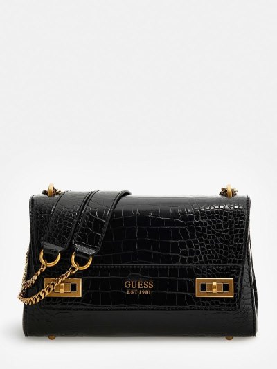 Női Guess Katey Croc Print Crossbody Táska Fekete | HU-754878