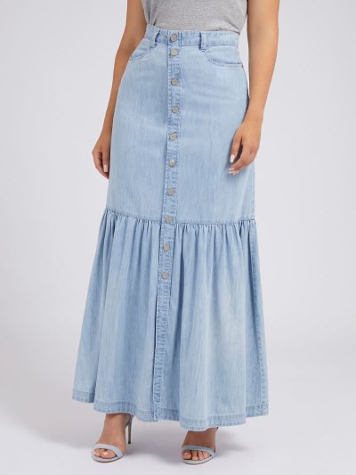 Női Guess Long Denim Skirts Kék | HU-732183