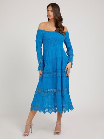 Női Guess Macramé Off-shoulder Ruha Kék | HU-993706