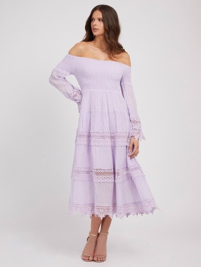 Női Guess Macramé Off-shoulder Ruha Lilac | HU-938998