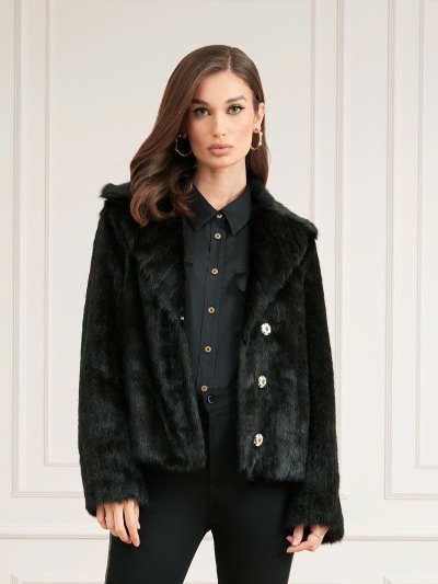 Női Guess Marciano Faux Fur Kabát Fekete | HU-768757