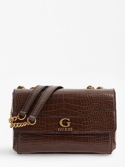 Női Guess Nell Croc-print Crossbody Táska Barna | HU-303395