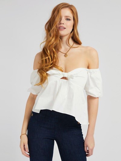 Női Guess Off-shoulder Knotted Felsők Fehér | HU-938444