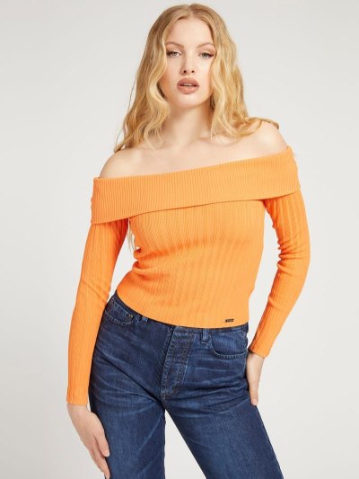 Női Guess Off-shoulder Pulóverek Narancssárga | HU-549183