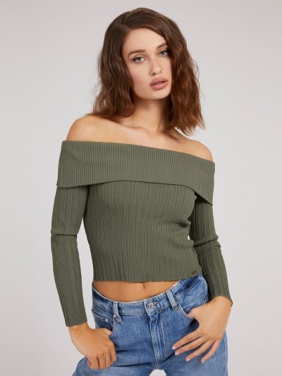 Női Guess Off-shoulder Pulóverek Zöld | HU-509119