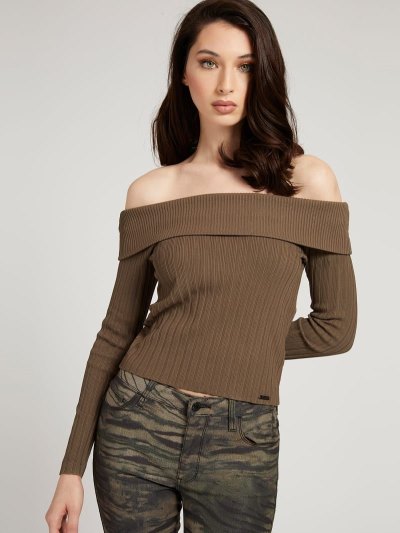 Női Guess Off-shoulder Pulóverek Zöld | HU-875165