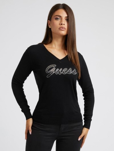 Női Guess Rhinestones Front Logo Pulóverek Fekete | HU-009643