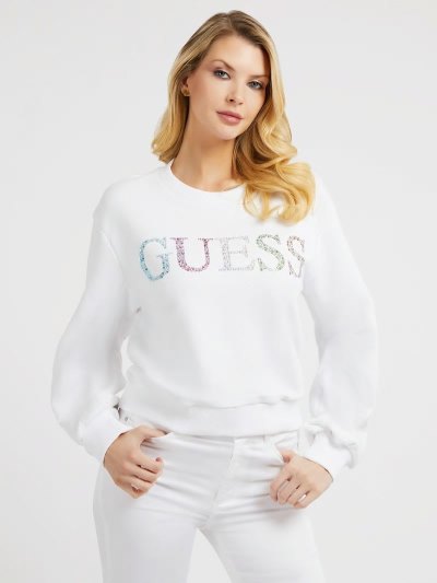 Női Guess Rhinestones Logo Pulóverek Fehér | HU-462338