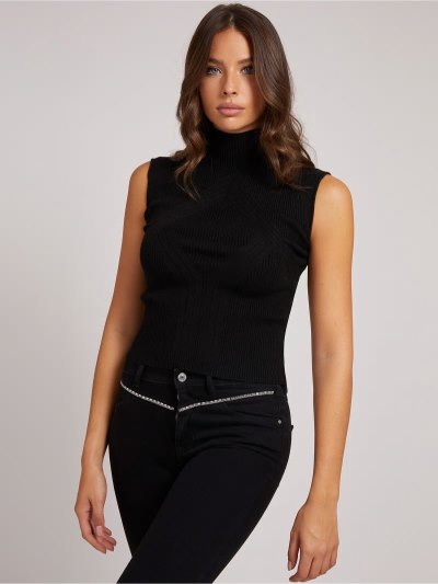 Női Guess Rib Turtle Neck Pulóverek Fekete | HU-259059