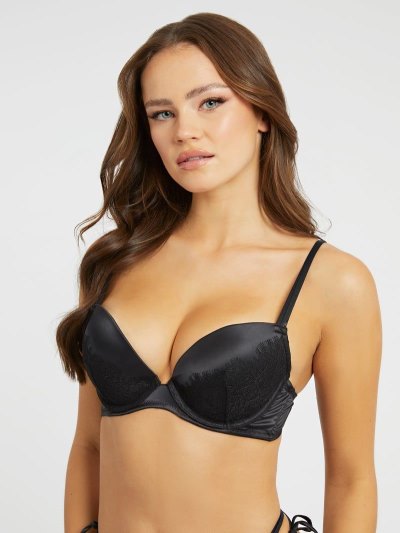 Női Guess Satin Csipke Push Up Melltartók Fekete | HU-094231