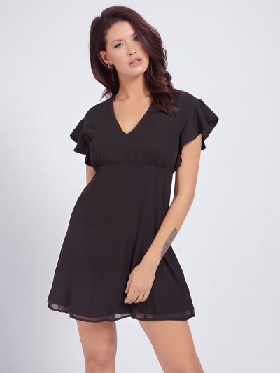 Női Guess V-neck Ruffle Ruha Fekete | HU-600354