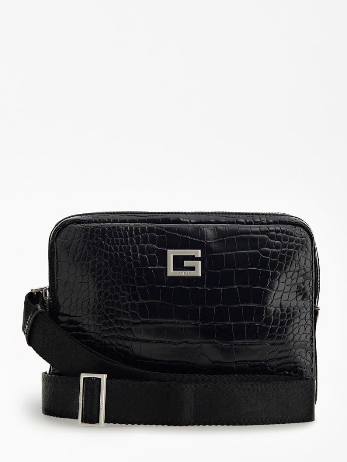 Férfi Guess Calabria Croc Print Crossbody Táska Fekete | HU-979025