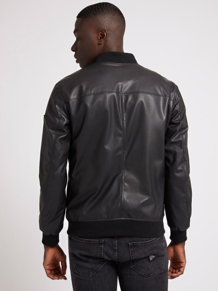 Férfi Guess Faux Bőr Bomber Kabát Fekete | HU-358787