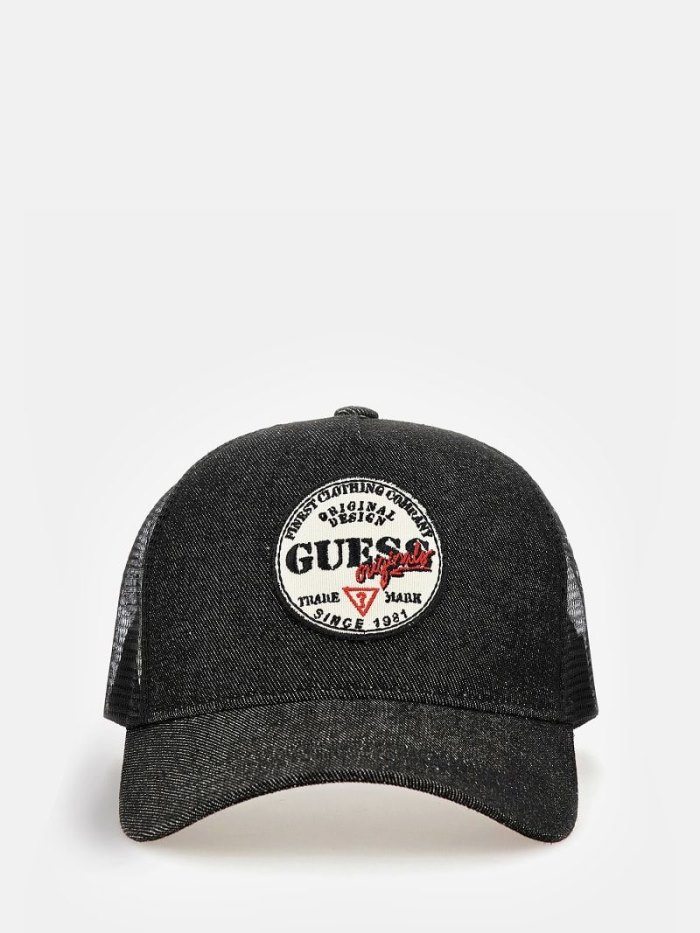 Férfi Guess Front Patch Baseball Cap Fekete | HU-349357