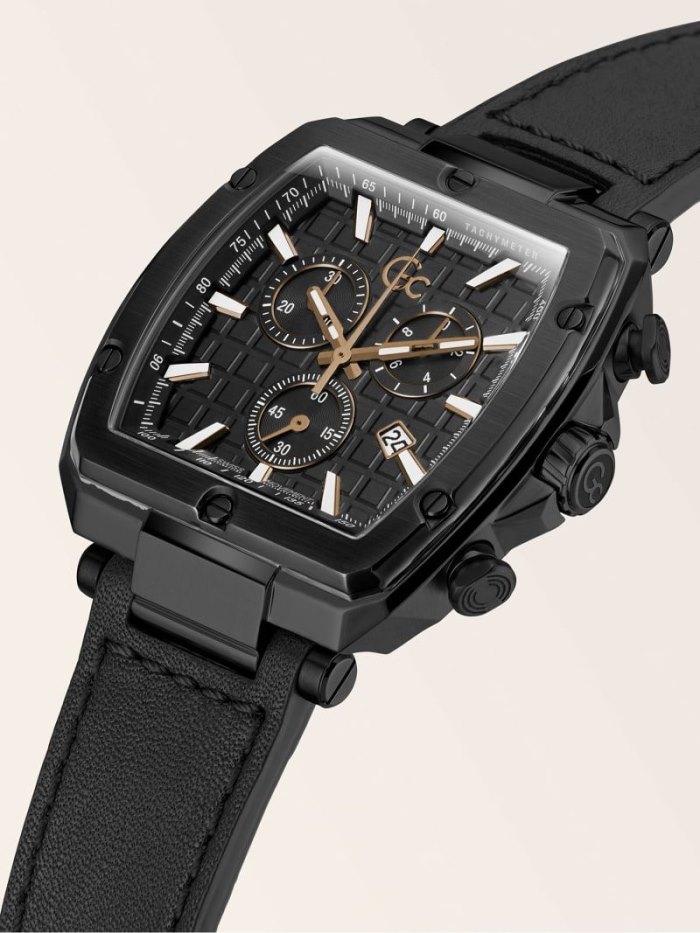 Férfi Guess GC Genuine Bőr Kronográf Óra Fekete | HU-040022