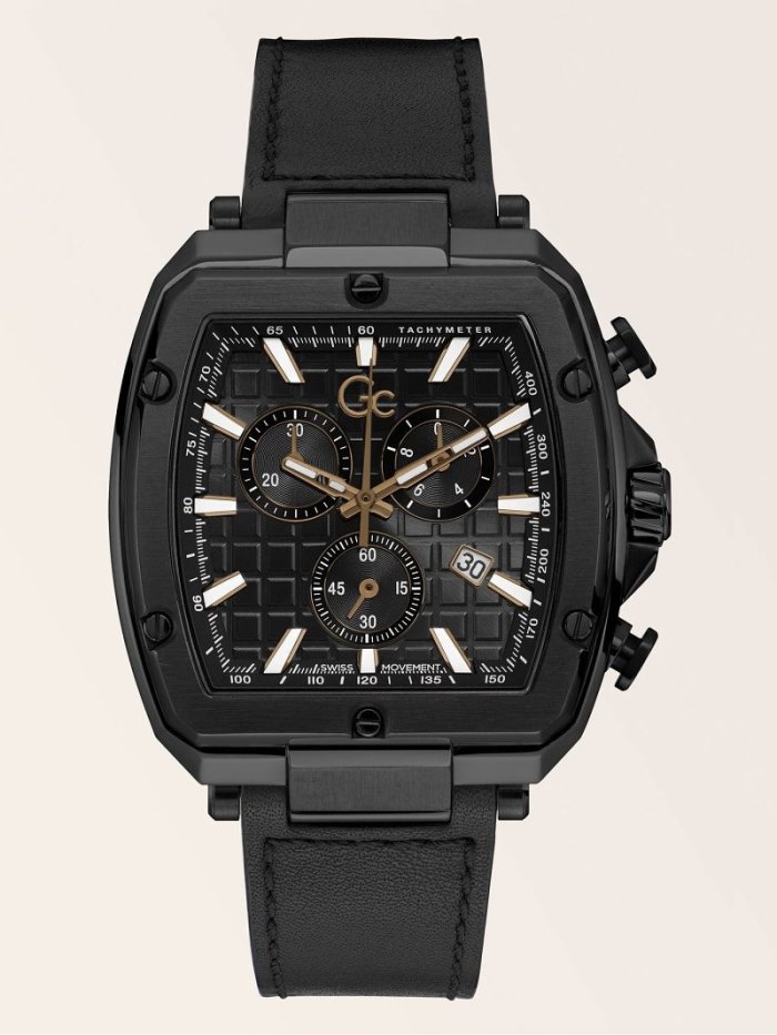 Férfi Guess GC Genuine Bőr Kronográf Óra Fekete | HU-040022