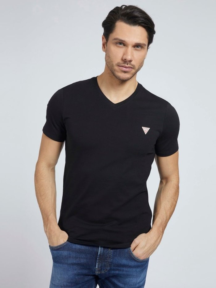 Férfi Guess Logo V-neck Póló Fekete | HU-611389