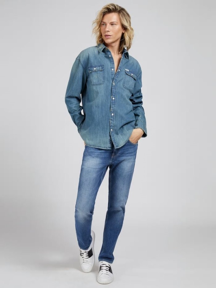 Férfi Guess Regular Fit Denim Shirts Kék | HU-124794